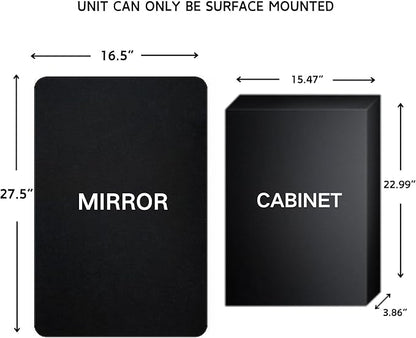 TEHOME Surface Mount 16.5x27.5'' Black Bathroom Medicine Cabinet with Mirror Matt Black Metal Framed Rounded Rectangle Medicine Cabinet with Beveled Mirror 3 Adjustable Glass Shelves