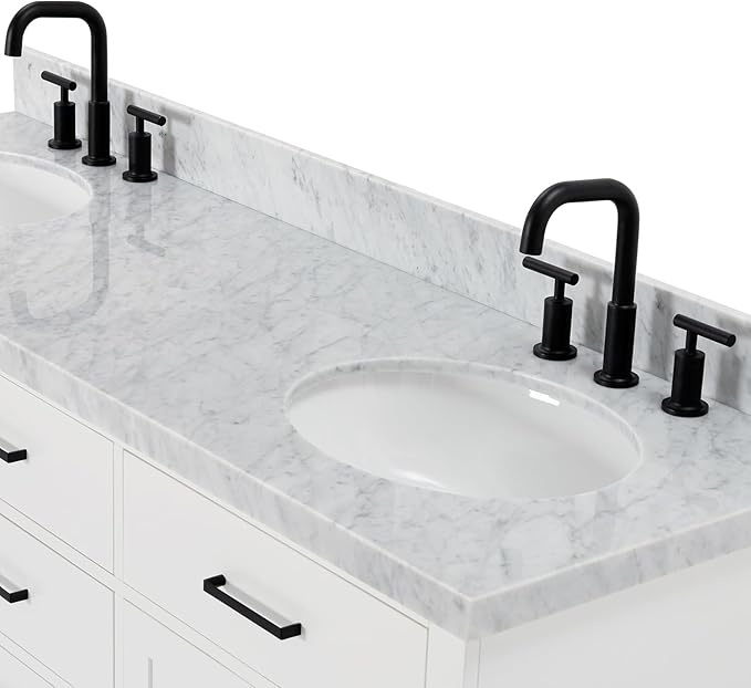ARIEL Hepburn 66-inch Bathroom Vanity with Sink,Solid Wood, 1.5-inch Italian Carrara Marble Countertop & Backsplash, Double Oval Porcelain Sink, 4 Soft Closing Doors, 6 Dovetail Drawers, White