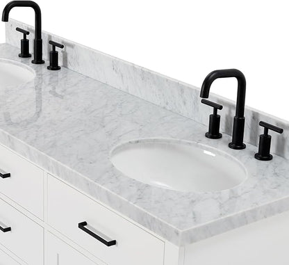 ARIEL Hepburn 66-inch Bathroom Vanity with Sink,Solid Wood, 1.5-inch Italian Carrara Marble Countertop & Backsplash, Double Oval Porcelain Sink, 4 Soft Closing Doors, 6 Dovetail Drawers, White