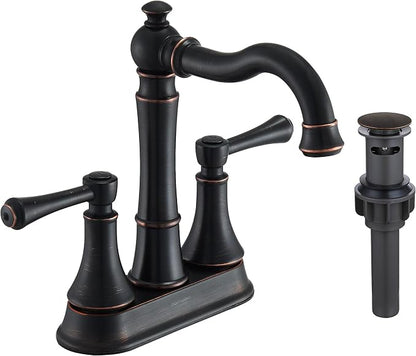 4" Centerset Oil Rubbed Bronze Bathroom Faucet for 2/3-Hole Sink | Includes Plastic Pop-Up Drain, Classic 4" Center Set Lavatory/Bath Vanity Faucets, 2-Handle High Arc 360° Swivel Brass Spout