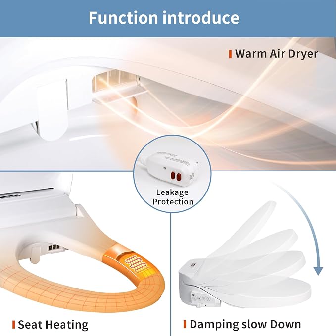 KERDE Electric Toilet Seat, White, Endless Warm Water, Rear and Front Wash, LED Light, Quiet Operation, Wireless Remote,1-click control P30Y.Elongated, for Existing Toilets Bidet