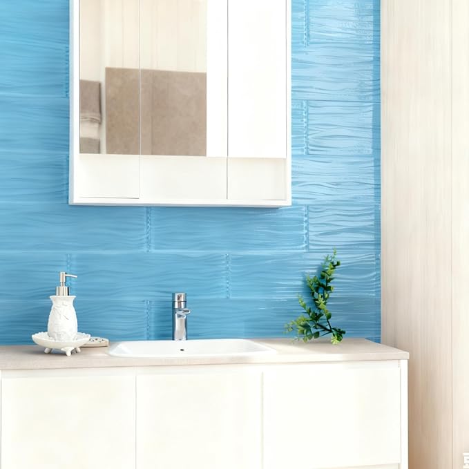 Light Blue Glass Subway Tile 3 x 12 Inch Water Ripple for Kitchen Backsplash Bathroom Wall (16-Pack, 4 sq.ft.)