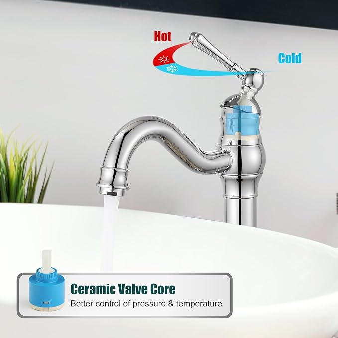 Heyalan Tall Vessel Sink Faucet, Single Handle 1-Hole,Polish Chrome | SUS304 stainless steel, 360° swivel spout, includes pop-up drain & hoses, deck mount 1-hole, tall design for vessel sink