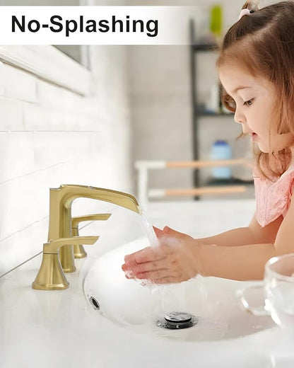 Fapully Bathroom Faucet 3 Hole, Polished Brushed Gold Waterfall 8 Inch Widespread Bathroom Sink Faucet with Pop-up Drain, Two-Handle Faucet for Bathroom Sink