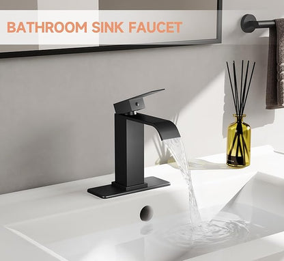 Matte Black Bathroom Faucets, Evolvegoods Modern Waterfall Bathroom Faucet, Single Handle 1 or 3 Hole Bathroom Sink Faucet, RV Mixer Tap Vanity Faucet with Deck Plate, Pop-up Drain and Supply