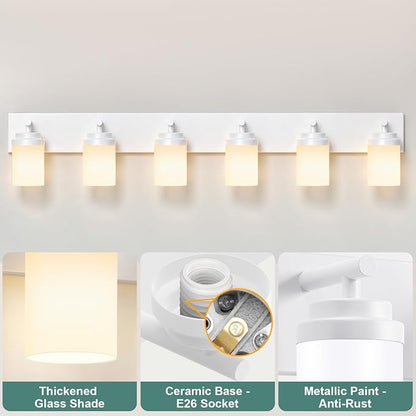 IZORRO Bathroom Vanity Light Fixture, 6-Light 46 Inch White Bathroom Light Fixtures Over Mirror, with White Glass Shade, Modern Farmhouse Vanity Lights, Rustic Restroom Lighting Fixtures