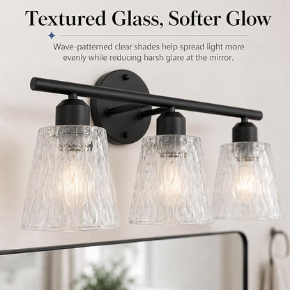 3-Light Black Bathroom Vanity Light Over Mirror, Modern Wall-Mounted Fixture with Textured Glass Shades and Stainless Steel Construction, E26 Sockets (Bulbs Not Included)