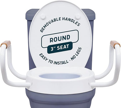 Lunderg Raised Toilet Seat with Handles - Round - Easy to Install Toilet Seat Risers for Seniors - Adds 3 Inches & Works like the one you’ve always used - Elegant design - No Hospital Vibe