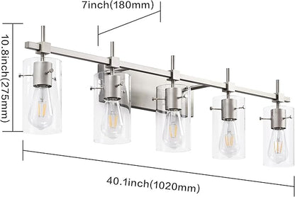 SOLFART 40.1 inch 5 Light Bathroom Vanity Light fixtures Bathroom Light Fixture Over Mirror Brushed Nickel Wall Lights with Glass Shade