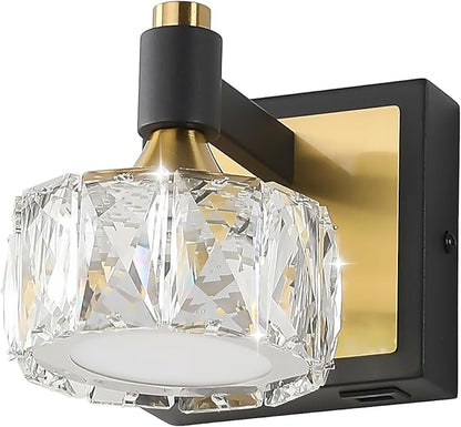 1-Light Wall Sconce, LED Wall-Mounted Light with USB Charging Port, Modern Vanity Light in Black Gold with Crystal Shade for Bathroom, Bedroom, Living Room & Hallway