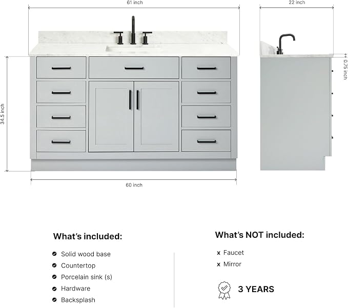 ARIEL Hepburn 60-inch Bathroom Vanity with Sink,Solid Wood, 0.75-inch Italian Carrara Marble Countertop, Single Rectangular Porcelain Sink, 2 Soft Closing Doors, 9 Dovetail Drawers, Grey