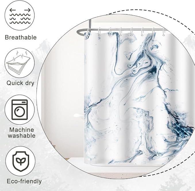 Blue and White Shower Curtain, Modern Ombre Blue Marble Shower Curtain Set with Hooks Aesthetic Waterproof Bathroom Decor, 54x72 Inch