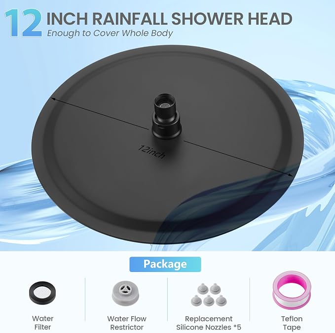 12 inch Matte Black Rainfall Shower Head - All Metal Stainless Steel Full Body Round Rain Shower with 120 Silicone Nozzles