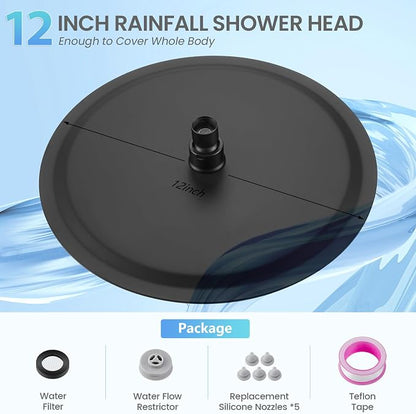 12 inch Matte Black Rainfall Shower Head - All Metal Stainless Steel Full Body Round Rain Shower with 120 Silicone Nozzles