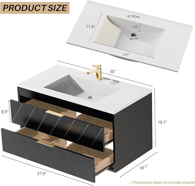 30 Inch Bathroom Vanity with Sink, Modern Floating Bathroom Vanity with Resin Sink, 2 Large Storage Darwers, Wood Grain Texture Wall Mounted Vanity, Gold Handles