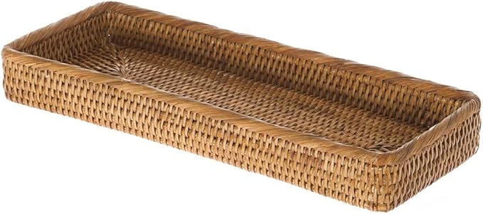KOUBOO Rattan Vanity Tray Perfume Makeup Bathroom Organizer Honey Brown | Handwoven natural texture, slim rectangular profile, lightweight design, keeps countertop essentials neatly arranged