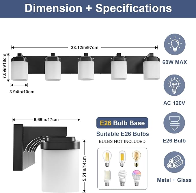 Bathroom Light Fixtures, Farmhouse Vanity Lights for Bathroom | 5-light black modern light fixture with milky white square glass shade, 36.5" modern bathroom lighting fixtures over mirror