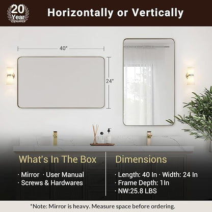 24x40 Inch Gold Bathroom Mirror, Stainless Steel Metal Frame with Rounded Corner, Rectangle Glass Panel Wall Mounted Mirror Decorative for Bathroom