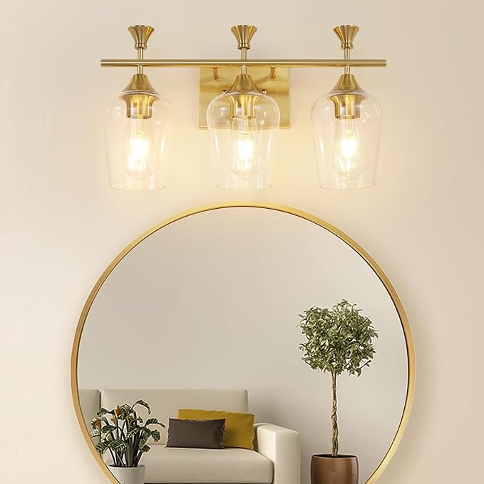 Bathroom Light Fixtures (3-Light, 19 Inch), Brushed Gold Vanity Lights for Bathroom with Clear Wine Glass Glass Shade, Modern Vanity Wall Lights for Mirror Bedroom Living Room Kitchen Hallway Porch