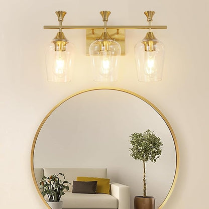 Bathroom Light Fixtures (3-Light, 19 Inch), Brushed Gold Vanity Lights for Bathroom with Clear Wine Glass Glass Shade, Modern Vanity Wall Lights for Mirror Bedroom Living Room Kitchen Hallway Porch