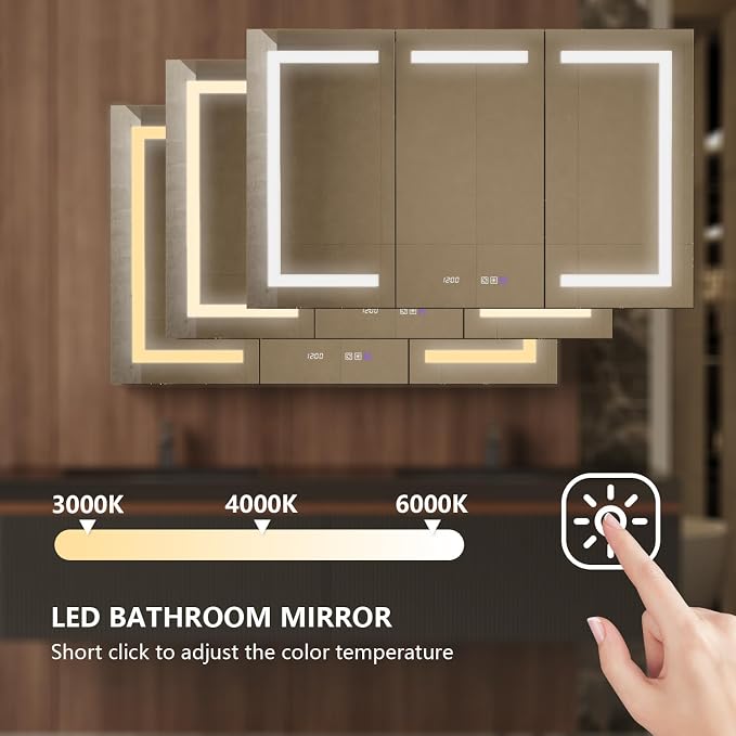 60" W x 30" H Smart Lighted Medicine Cabinet with Mirror for Bathroom, Recessed/Surface Mount Medicine Cabinet with Anti-Fog, 1800W Charging Station, USB Ports, 3 Color Lights