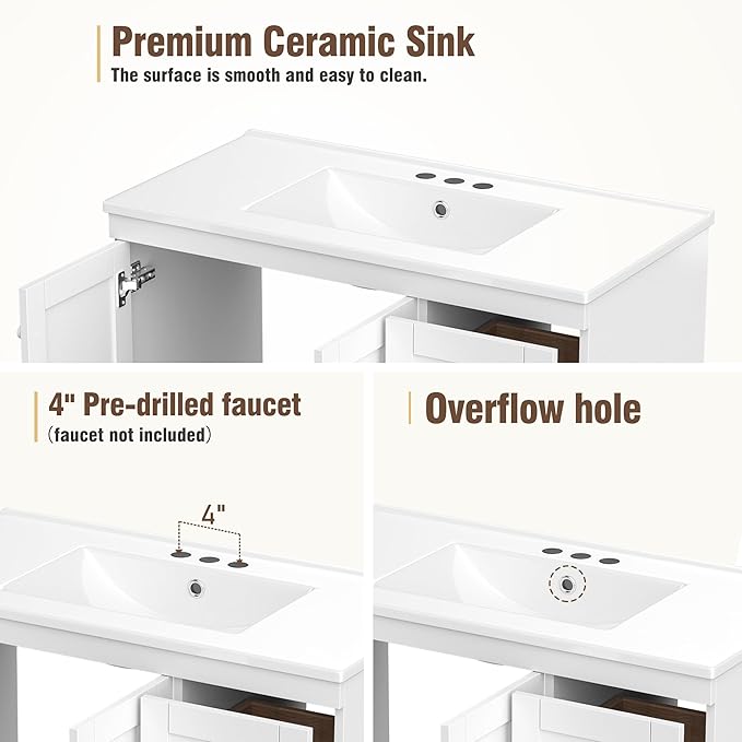 Harper & Bright Designs 72" Bathroom Vanity Set with Double Sink, Vanity Cabinet with 4 Cabinet Doors and 8 Drawers, Modern Design Solid Wood Bathroom Cabinet with Ceramic Basin for Bathroom, White