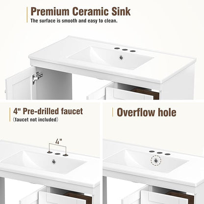 Harper & Bright Designs 72" Bathroom Vanity Set with Double Sink, Vanity Cabinet with 4 Cabinet Doors and 8 Drawers, Modern Design Solid Wood Bathroom Cabinet with Ceramic Basin for Bathroom, White