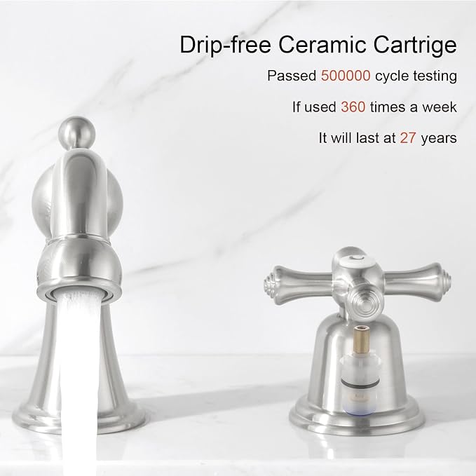RKF Bathroom Faucets for Sink 3 Hole Brushed Nickel 8 inch Widespread Bathroom Sink Faucet with Drain 2 Handles Cross Knobs Faucet Bathroom Vanity Faucet Basin Mixer Tap CWF033-GBN