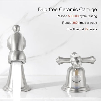 RKF Bathroom Faucets for Sink 3 Hole Brushed Nickel 8 inch Widespread Bathroom Sink Faucet with Drain 2 Handles Cross Knobs Faucet Bathroom Vanity Faucet Basin Mixer Tap CWF033-GBN