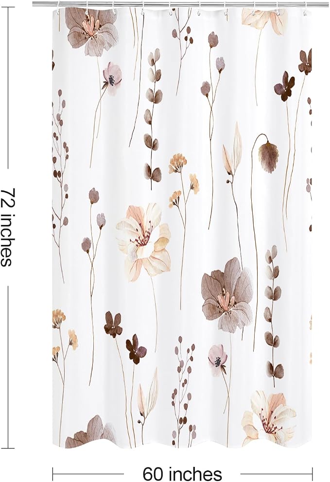 Brown Beige Watercolor Floral Fabric Shower Curtain, 60x72 | Waterproof Fabric, Modern Minimalist Floral Print, Machine Washable, Rustproof Grommets, for Bathroom Home, Stall