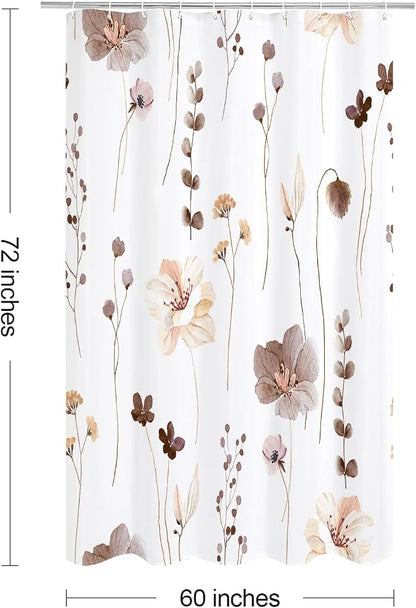 Brown Beige Watercolor Floral Fabric Shower Curtain, 60x72 | Waterproof Fabric, Modern Minimalist Floral Print, Machine Washable, Rustproof Grommets, for Bathroom Home, Stall