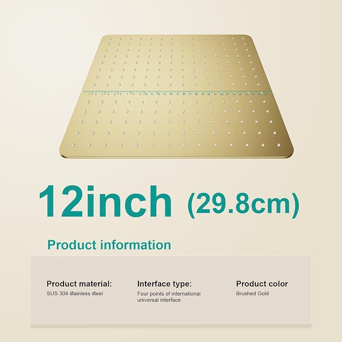 Square Rain Shower Head, High Flow Stainless Steel,Work with any decorative style，All Metal Rainfall Shower Head (Brushed Gold, 12)