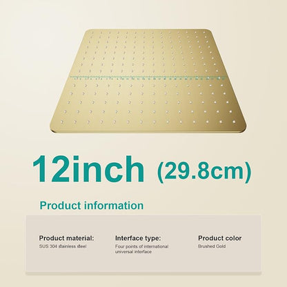Square Rain Shower Head, High Flow Stainless Steel,Work with any decorative style，All Metal Rainfall Shower Head (Brushed Gold, 12)