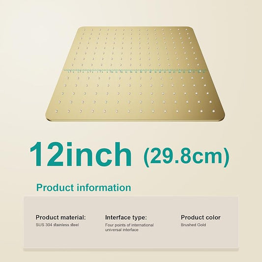 Square Rain Shower Head, High Flow Stainless Steel,Work with any decorative style，All Metal Rainfall Shower Head (Brushed Gold, 12)