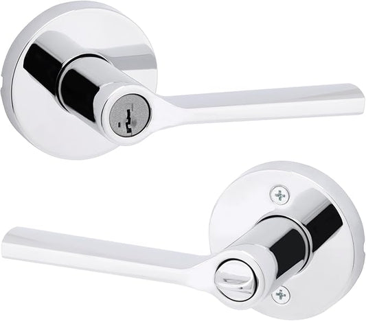 Kwikset Lisbon Round Entry Door Knob with Lock and Key, Secure Keyed Handle Exterior, Front Entrance and Bedroom, Polished Chrome, Pick Resistant SmartKey Rekey Security