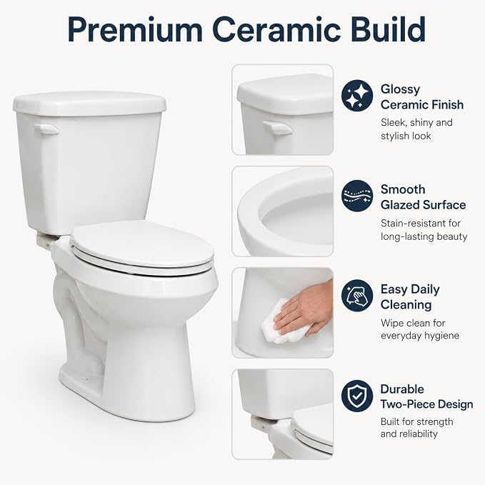 Compact 15.4 Inch Elongated Two Piece Toilet, Side Flush White Ceramic Bathroom Toilet with Soft Close Seat, 1.28 GPF Siphonic Flush, cUPC Certified, 12 Inch Rough-In