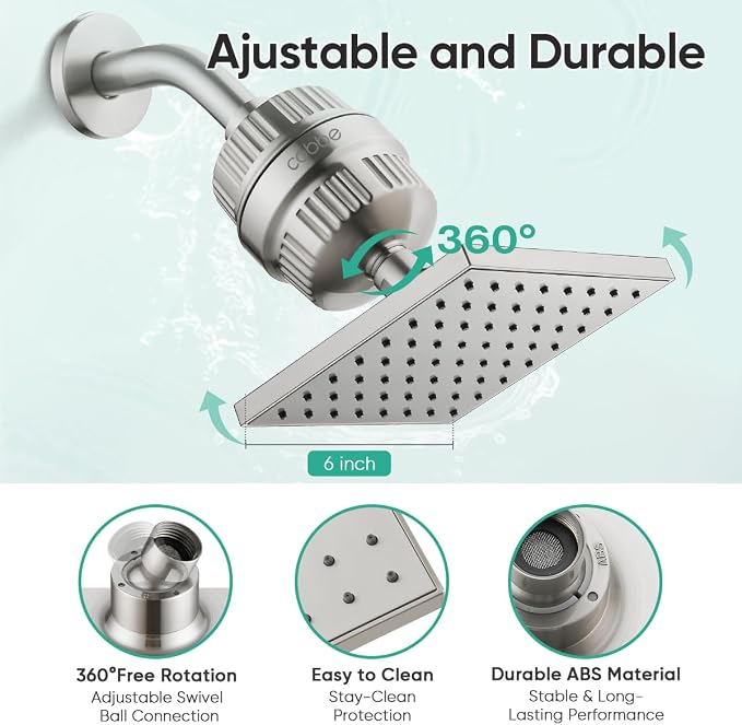 Cobbe High Pressure Filtered Shower Head with Filters for Hard Water Combo | Rain Showerhead with 20 Stage Water Softener for Healthier Skin & Hair Remove Chlorine and Harmful Substances, Brushed Nickel