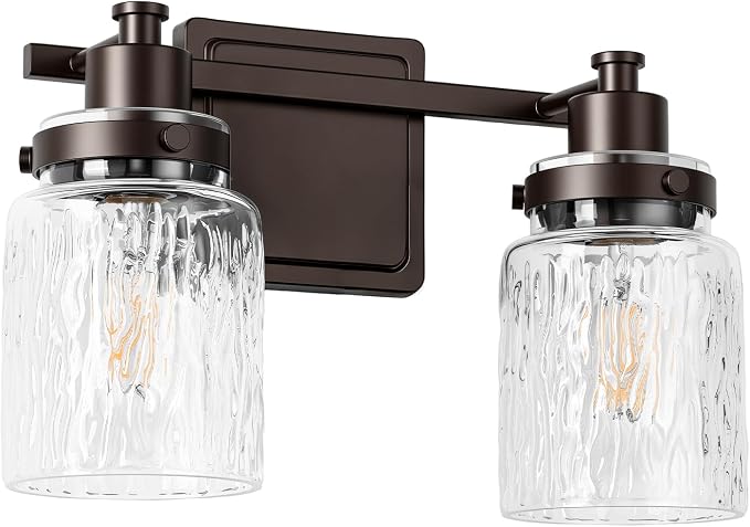 2 Light Bathroom Vanity Light Fixtures Farmhouse Oil Rubbed Bronze | ETL Certificate, Easy to Install,Wall Mount Up or Down,Hammered Glass Lampshade,E26 Socket,Hardwired,120V