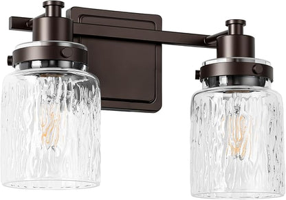 2 Light Bathroom Vanity Light Fixtures Farmhouse Oil Rubbed Bronze | ETL Certificate, Easy to Install,Wall Mount Up or Down,Hammered Glass Lampshade,E26 Socket,Hardwired,120V
