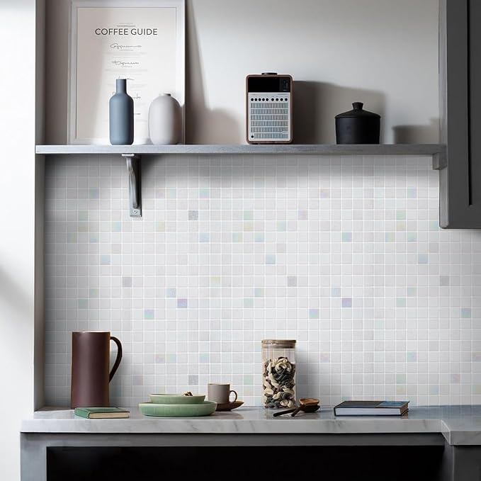 11.5sq.ft Iridescent White Glass Mosaic Tile for Bathroom, Pool, Backsplash | Waterproof Wall & Floor Tile. Heat & frost resistant outdoors. Mesh-mounted easy install. Use any grout. Easy clean. 10pcs.