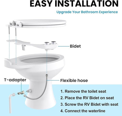 RV Bidet Toilet Seat Attachment, Support for SEAFLO, RV Bidet for Camper Toilet with Dual Nozzles, Self/Rear/Front Cleaning, Non-Electric, Adjustable Water Pressure, Fresh Water
