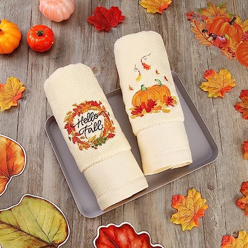 Quera 2 Pack Fall Hand Towels Autumn Pumpkin Thanksgiving Embroidered Premium Luxury Decor Hello Fall Bathroom Decorative Dish Set for Drying Cleaning, Cooking 13.7 "x 29.5"