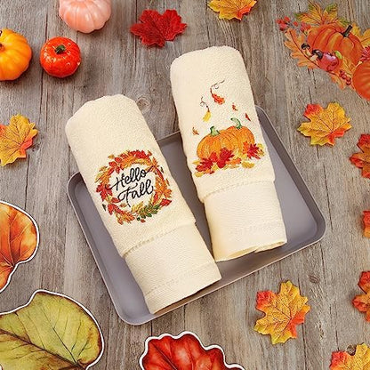 Quera 2 Pack Fall Hand Towels Autumn Pumpkin Thanksgiving Embroidered Premium Luxury Decor Hello Fall Bathroom Decorative Dish Set for Drying Cleaning, Cooking 13.7 "x 29.5"