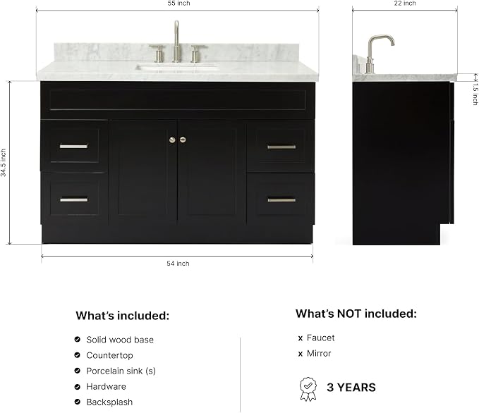 DKB Bradford 54" Black Single Bathroom Vanity with Sink, 1.5" Italian Carrara Marble Countertop, Rectangular Undermount Sink, 2 Soft Closing Doors, 4 Dovetail Drawers