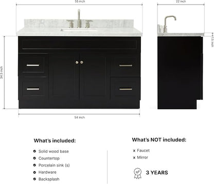 DKB Bradford 54" Black Single Bathroom Vanity with Sink, 1.5" Italian Carrara Marble Countertop, Rectangular Undermount Sink, 2 Soft Closing Doors, 4 Dovetail Drawers