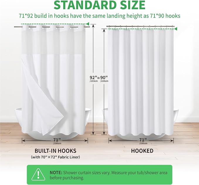 eachope No Hook Linen Texture Shower Curtain with Snap-in Liner,71x92 White | Extra Long,230GSM Thick Fabric,Hotel Luxury Decor,Mesh Top Window,Bottom Magnetic,Waterproof & Machine Washable,for Bathroom