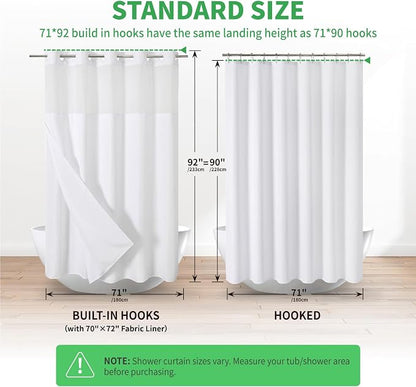 eachope No Hook Linen Texture Shower Curtain with Snap-in Liner,71x92 White | Extra Long,230GSM Thick Fabric,Hotel Luxury Decor,Mesh Top Window,Bottom Magnetic,Waterproof & Machine Washable,for Bathroom