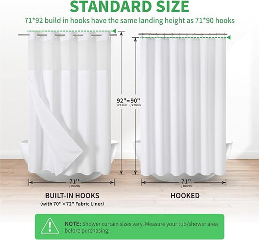 eachope No Hook Linen Texture Shower Curtain with Snap-in Liner,71x92 White | Extra Long,230GSM Thick Fabric,Hotel Luxury Decor,Mesh Top Window,Bottom Magnetic,Waterproof & Machine Washable,for Bathroom