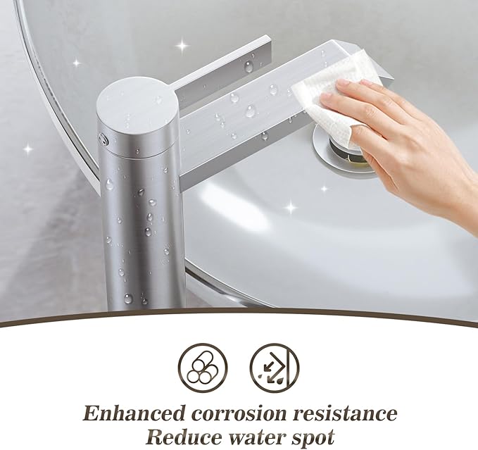Phiestina Brushed Nickle Single Hole Tall Bathroom Bowl Faucet, Single Handle Above Counter Sink Bathroom Vessel Faucet with Waterfall,Pop Up Drain and Water Supply Line,FH04-BN-V