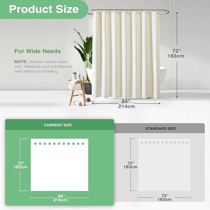 Extra Wide Waffle Shower Curtain 256 GSM Fabric 84x72 Cream/Ivory | 84 Inch Wide, Thick Cloth, Weighted Hem, Water Repellent, Hotel Luxury Polyester Shower Curtain Set for Bathroom 14 Hooks